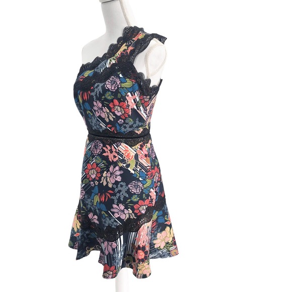 Foxiedox NEW Womens Size 4 Retro Flowers One-Shoulder Party Mini Dress - Picture 5 of 10